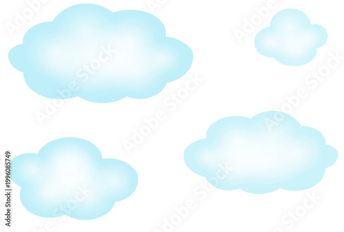 Collection of cartoon style blue clouds with white outlines isolated on a white background