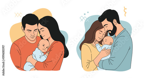 Pair of illustrations showing a mother and father tenderly holding their newborn baby with great love and parental care.