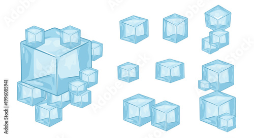 Collection of realistic clear blue ice cubes in various arrangements including single cubes and stacked groups on white.