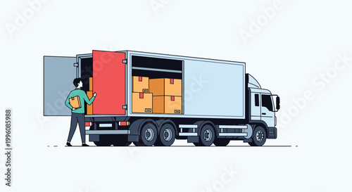 Logistics worker loading or unloading cardboard boxes from the back of a large white commercial delivery truck on a road.