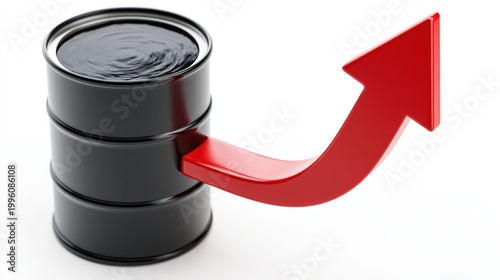 Oil barrel with red upward arrow indicating rising trend