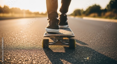 Closeup shot of a person riding a skateboard on an asphalt road during a sunny day.