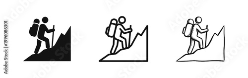 Hiking mountain climbing icons set. Hiker man with backpack and stick walking up hill.