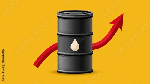 Oil barrel with upward arrow on yellow background graphic