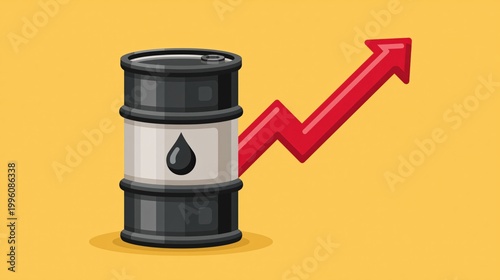 Oil barrel with rising red arrow on yellow background