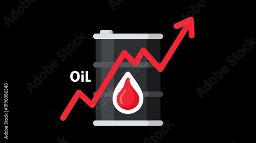 Oil barrel graphic with rising red arrow on black background