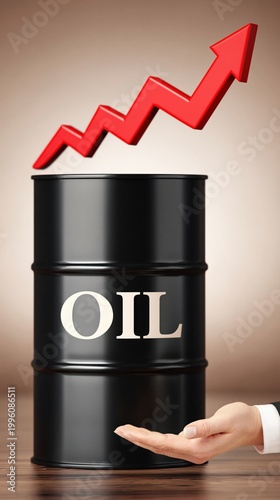 Hand presenting oil barrel with rising red arrow on table