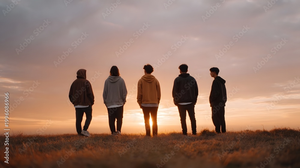 Fototapeta premium A group of friends stand together in an open field watching the warm colors of the vast sunset spread across the horizon