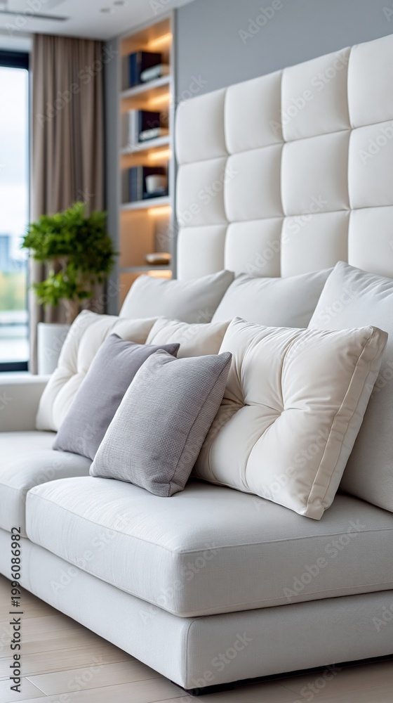 Fototapeta premium Sectional sofa with decorative pillows in contemporary living room