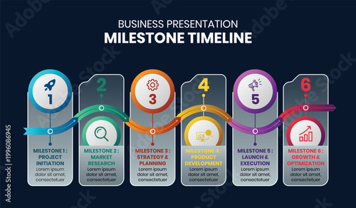 Business Milestone Timeline Infographic Template, 6 Step Process Flow, Corporate Strategy Roadmap, Project Development Stages