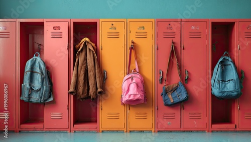 Row of colorful lockers with backpacks and coats hanging inside.