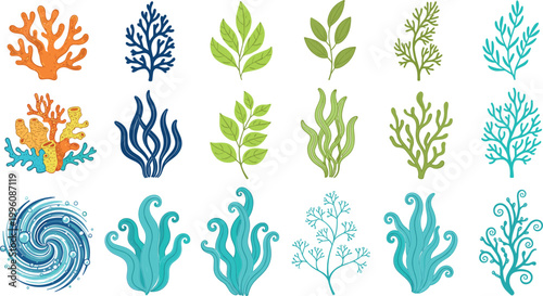 Colorful Underwater Sea Plant and Coral Seaweed Collection with Ocean Wave on White Background for Marine Aquatic Nature and Aquarium Design