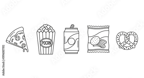 Hand drawn collection of popular snack food items.