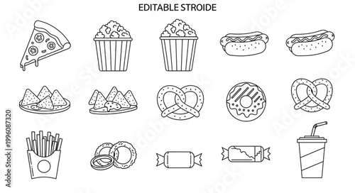 Collection of hand-drawn fast food and snack icons.
