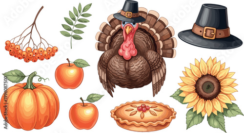 Colorful Thanksgiving Holiday Collection with Turkey Pumpkin Apple Pie Sunflower and Pilgrim Hat Isolated on White Background Vector Illustration