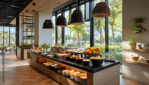 Elegant Buffet Spread with Fresh Fruits and Pastries in a Modern Restaurant.