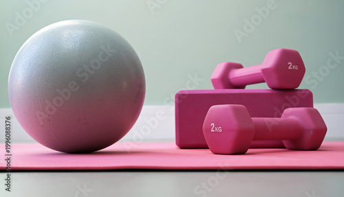Принти на полотні Low angle view of pink yoga or Pilates mat, dumbbells, stability exercise ball and block