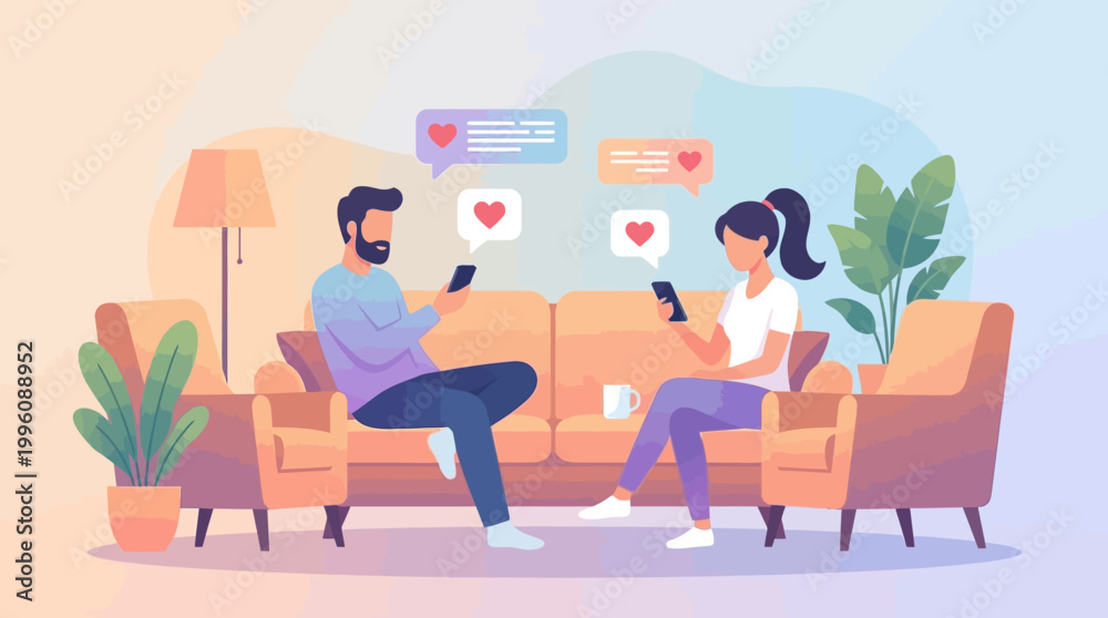 Fototapeta premium Love Message Chat Scene with Young Couple and Mobile Phone