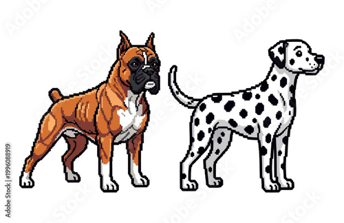 Charming pixel art showcasing two distinct canine companions a loyal Boxer and a playful Dalmatian