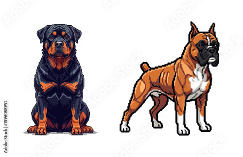 Pixel Art Rottweiler and Boxer Dogs Isolated on White Background