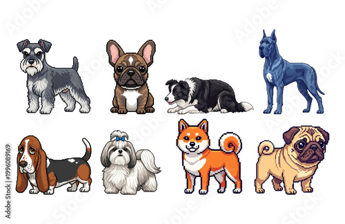 Charming Assortment of Eight Popular Canine Companions Rendered in Detailed Pixel Art Style