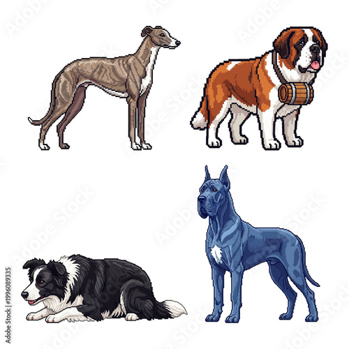 Distinctive Pixel Art Dog Breeds Collection Retro-Styled Digital Illustrations of Loyal Canine Companions
