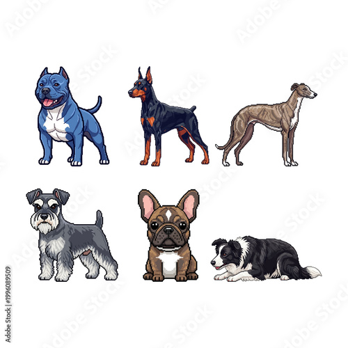 A charming collection of diverse dog breeds rendered in vibrant pixel art style for game design
