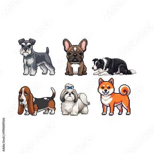 Charming pixel art dogs A delightful collection of various illustrated canine companions in a cute style