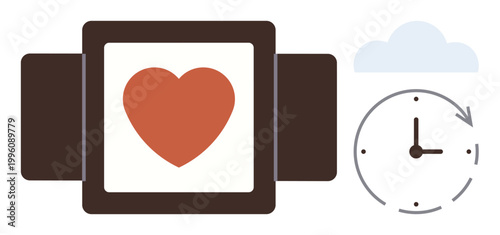 Fitness, health tracking, time management, smartwatch, technology, lifestyle. A smartwatch displaying a heart icon alongside a clock symbol. Fitness tracking and health monitoring concept