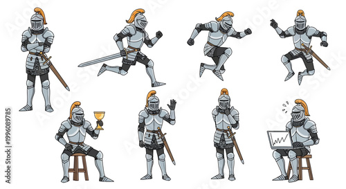 Collection of Knights in Full Armor Demonstrating Various Actions.