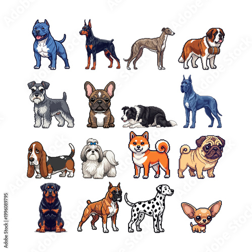 Charming collection of pixel art dog breeds, featuring various canine companions and animals