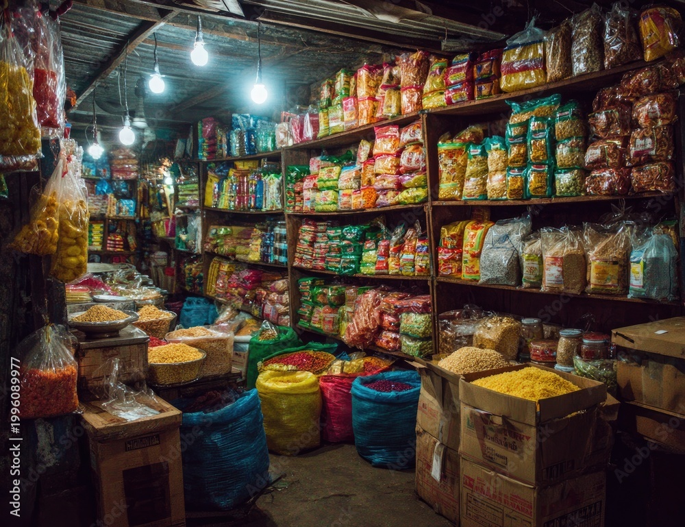 Obraz premium A bustling market stall filled with colorful bags of spices and grains.