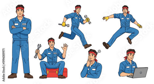 Mechanic character set in various poses and actions.