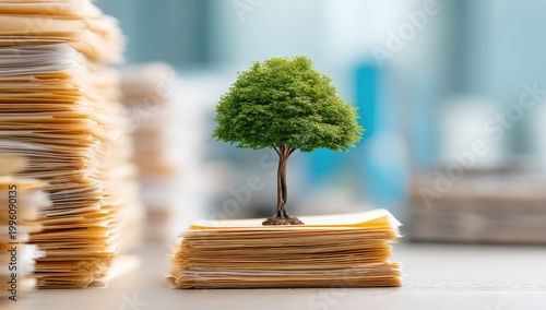 Small Green Tree Growing on Stack of Documents Symbolizing Financial Growth.