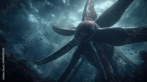 Close-up of a large ship propeller underwater surrounded by fish and particles, with dramatic sunlight rays penetrating the deep blue ocean, industrial marine technology concept.