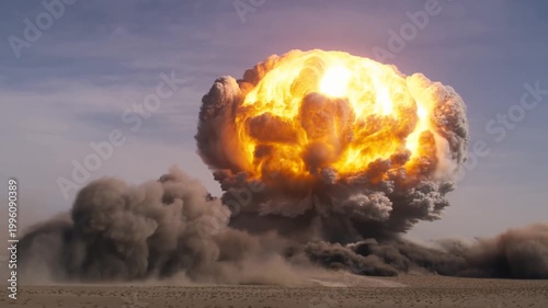 A massive nuclear explosion in a barren desert, iconic mushroom cloud rising rapidly