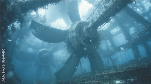 Submerged offshore wind turbine close-up, underwater renewable energy structure with marine growth