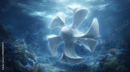 Futuristic underwater turbine in coral reef, clean ocean energy concept, advanced marine technology