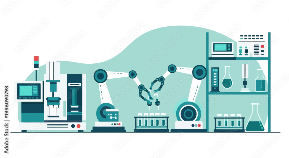 Fototapeta premium Automated Robotic Arms in a Modern Laboratory, Industrial Automation, Scientific Research