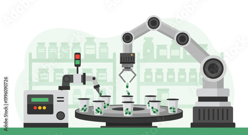 Automated Pharmaceutical Production Line: Robotic Arm Filling Capsules in Cups