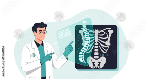 Doctor analyzing spine x-ray on futuristic holographic screen, medical technology concept