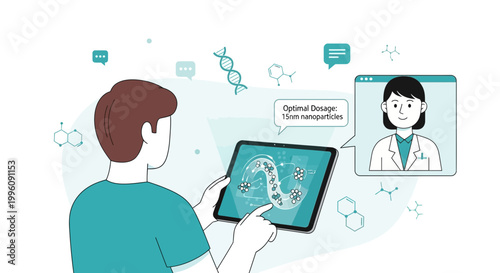 Doctor consults patient online about nanoparticle dosage for intestinal treatment on tablet