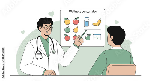 Doctor Consults Patient on Healthy Diet and Wellness Plan with Food Icons