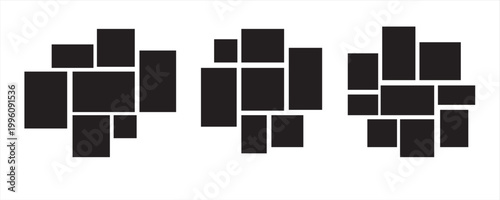 Image collage layout set. Black mosaic mood board grid collection. 7-9 picture composition arrangement. Photo album template for banner, poster, mockup, flyer, brochure, pamphlet, memory wall. Vector