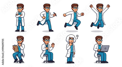 Set of Doctor Characters in Various Poses and Actions.
