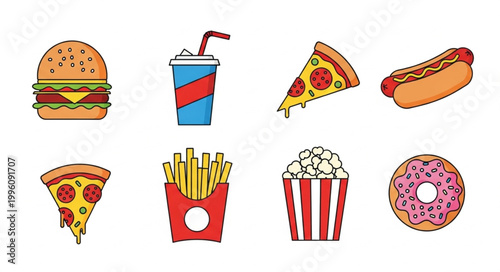 Collection of popular fast food items and drinks.
