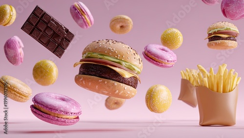 A Delicious Assortment of Fast Food and Sweets Floating.