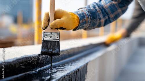 Faceless hands in heavy-duty work gloves using a wide brush to apply thick black liquid bitumen membrane to a concrete foundation wall, representing professional waterproofing and
