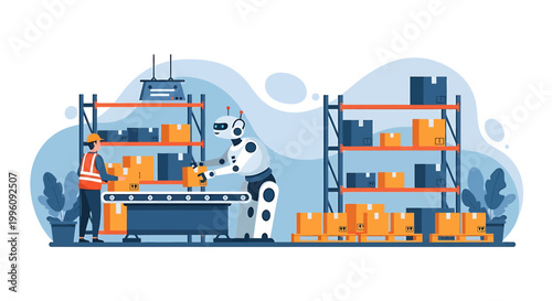 Automated warehouse robot and worker with boxes on shelves.