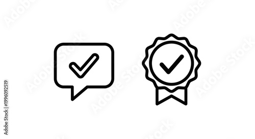 Speech bubble with checkmark and rosette with checkmark indicating marketing approval checkmark recognition certification confirmation endorsement validation feedback